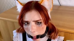 Рыжая лисичка в школьной форме глубоко сосёт